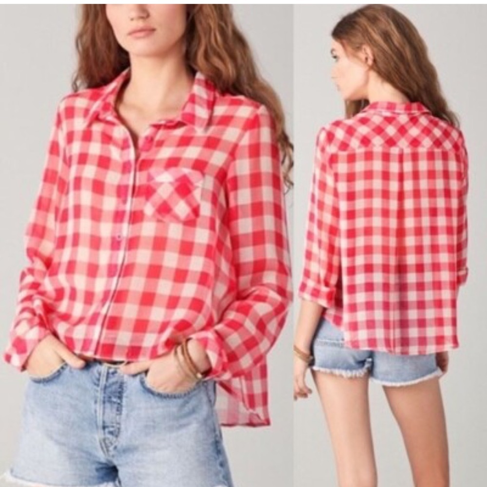 Free People FP Red Gingham Plaid Semi Sheer Flowy Button Front Shirt Size S/P - Picture 4 of 4